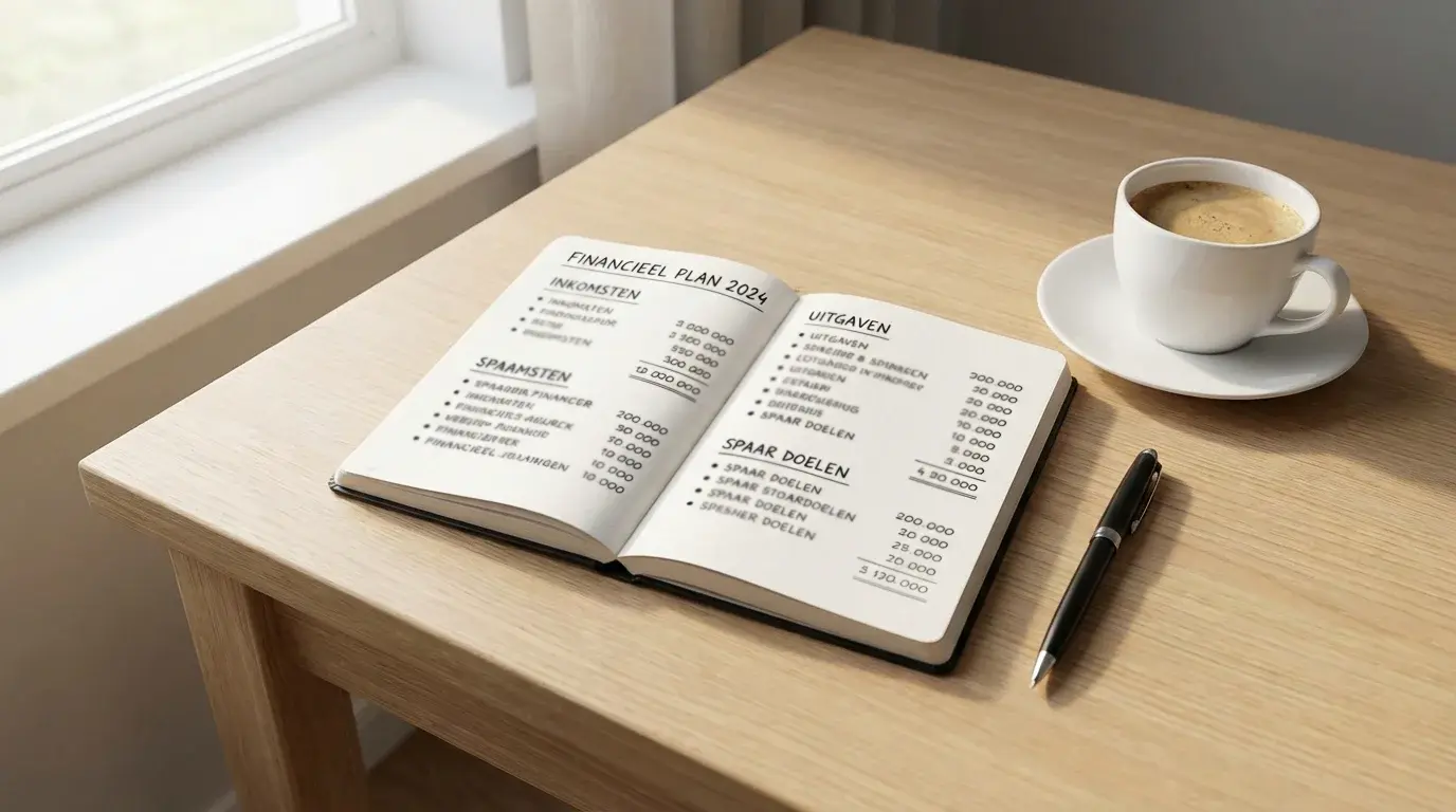 Notitieboek met een overzichtelijk financieel plan naast een pen en een kop koffie op een bureau