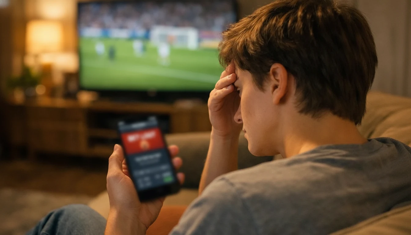 Gefrustreerde persoon kijkt naar verloren weddenschap op telefoon