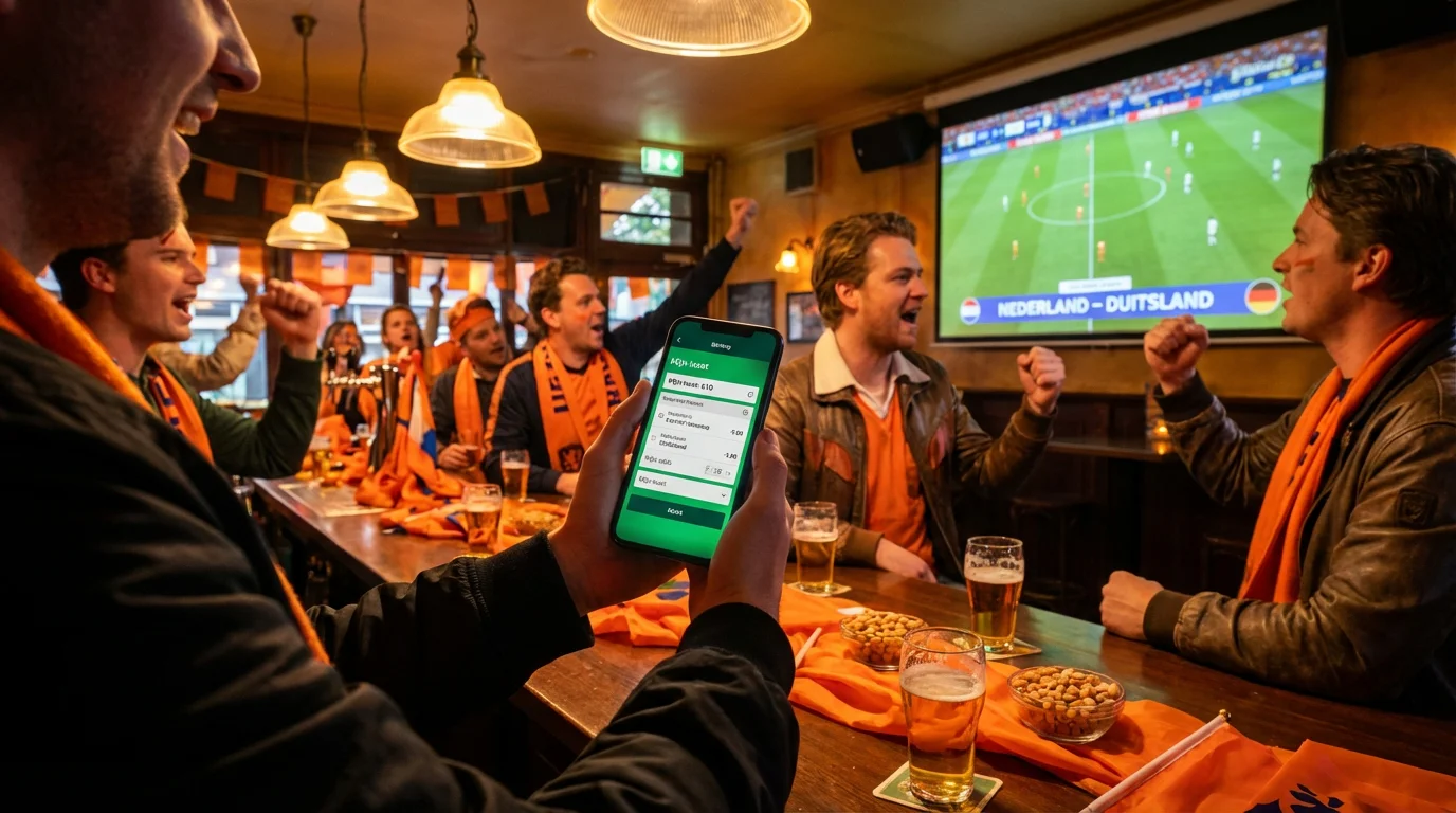 Voetbalfans kijken een EK-wedstrijd op groot scherm in een café terwijl ze op hun telefoon weddenschappen plaatsen
