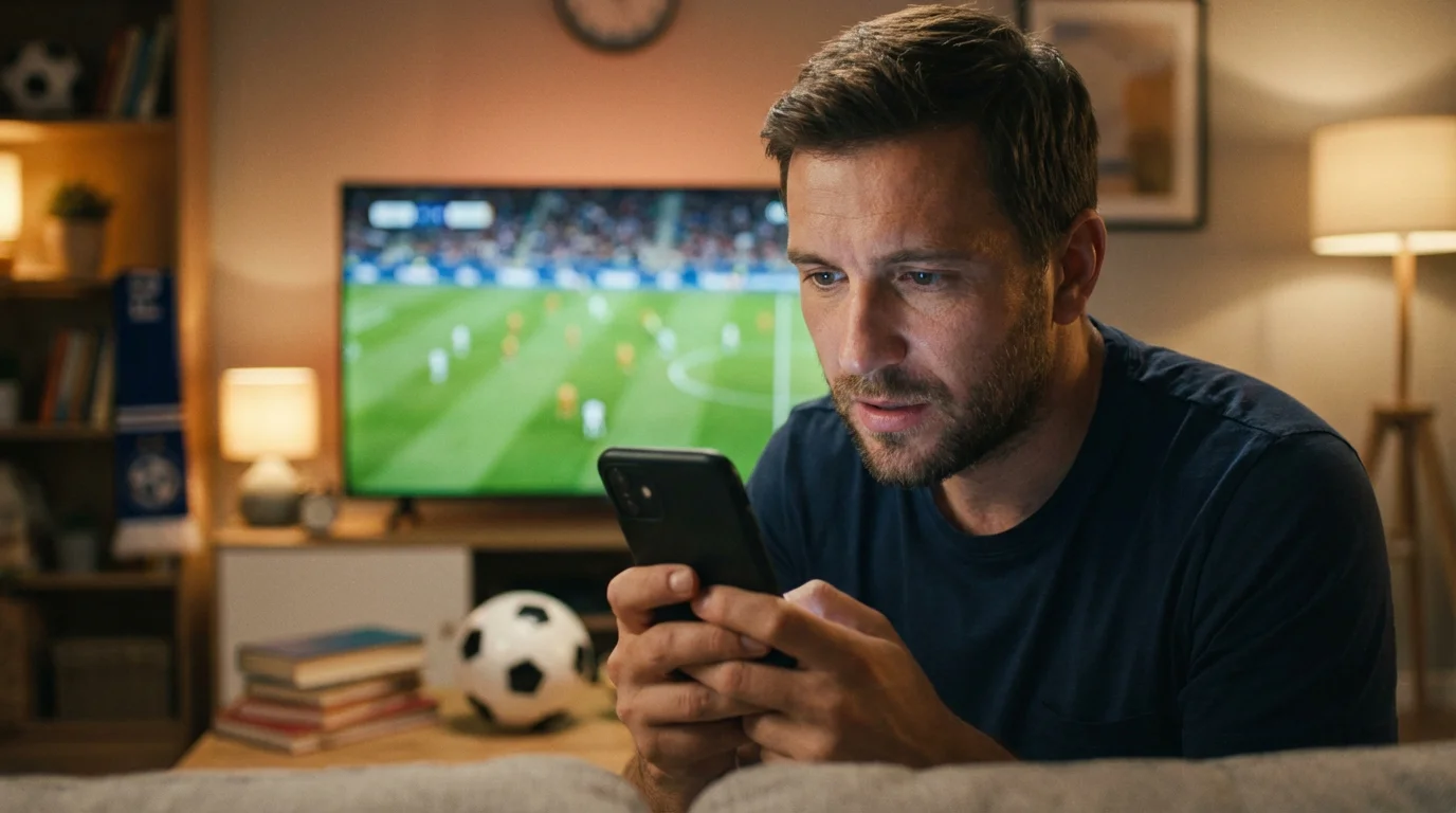 Voetbalfan die op een smartphone een bet builder samenstelt tijdens een EK-wedstrijd