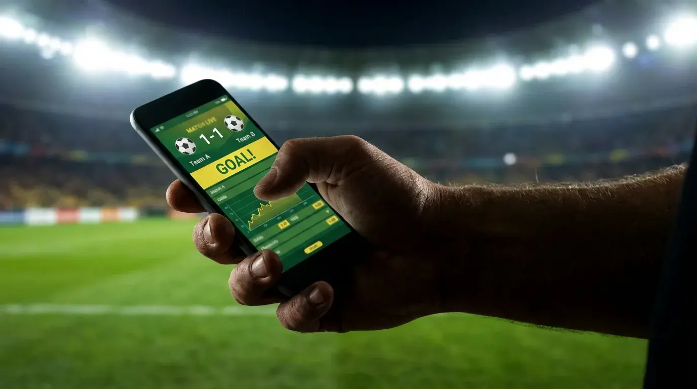Close-up van een hand die een smartphone vasthoudt met een live voetbalweddenschap op het scherm, stadionverlichting op de achtergrond