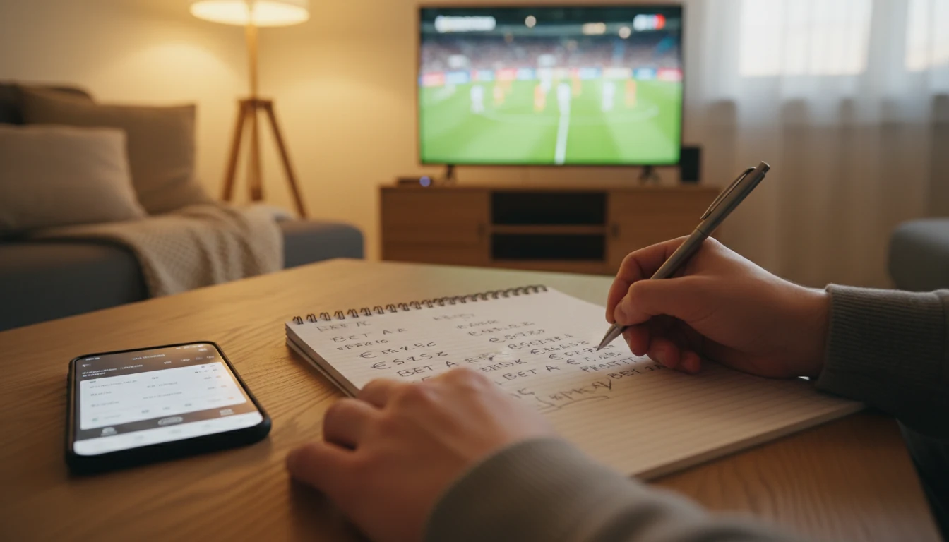 Persoon maakt notities over bonusstrategie met voetbalwedstrijd op achtergrond