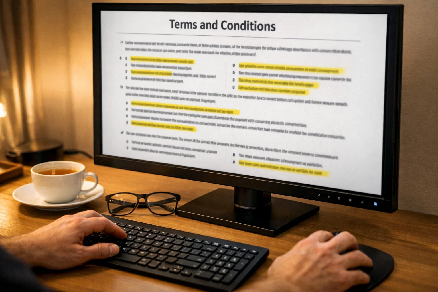 Close-up van persoon die bonusvoorwaarden leest op computerscherm