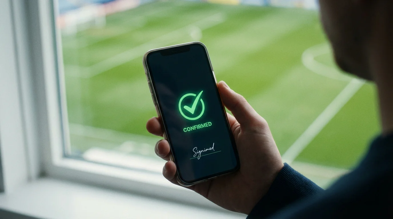 Hand die een telefoon vasthoudt met een groen vinkje op het scherm, voetbalveld wazig op de achtergrond