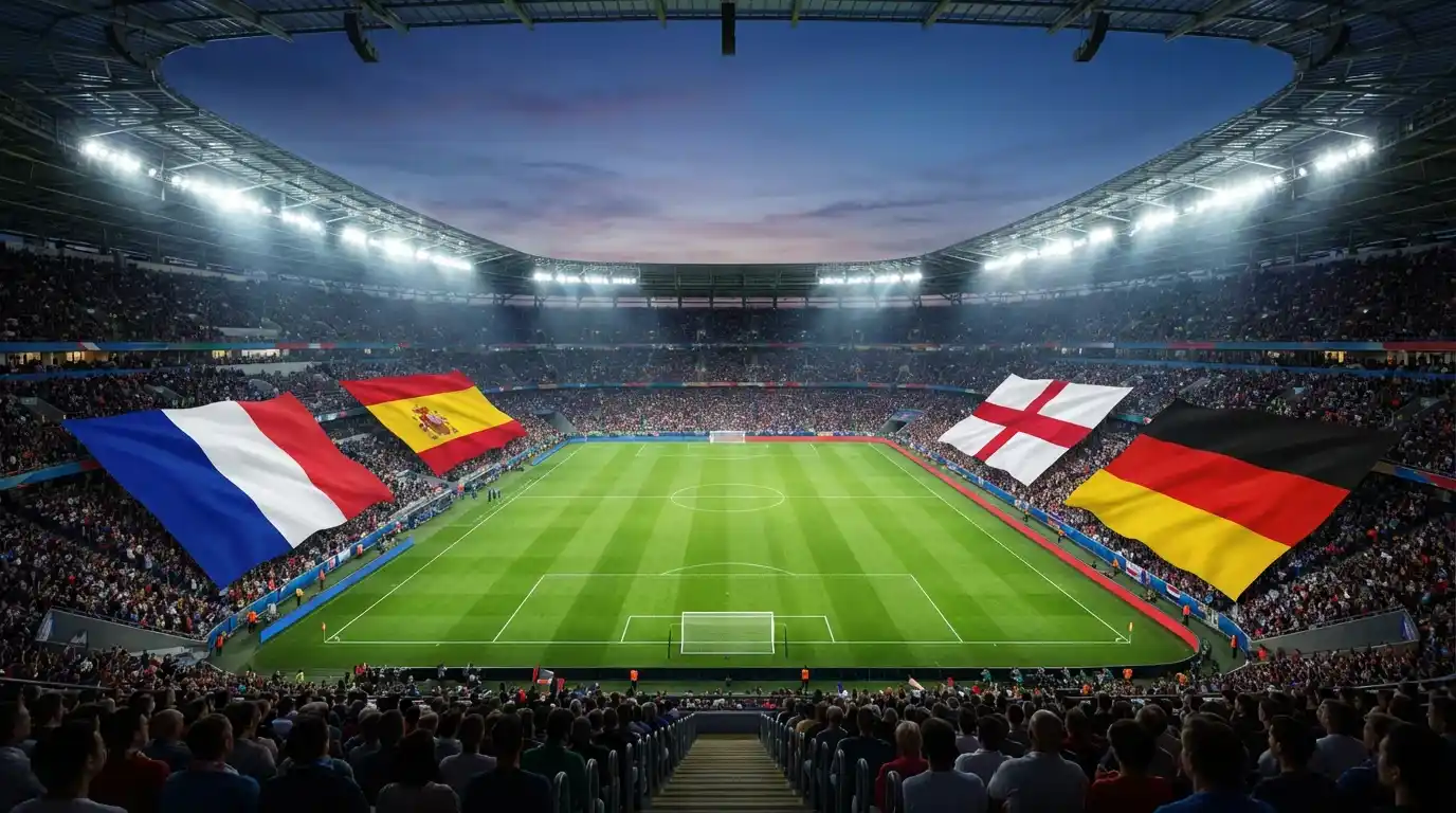 Voetbalstadion met vlaggen van Europese toplanden wapperend langs het veld voor de aftrap