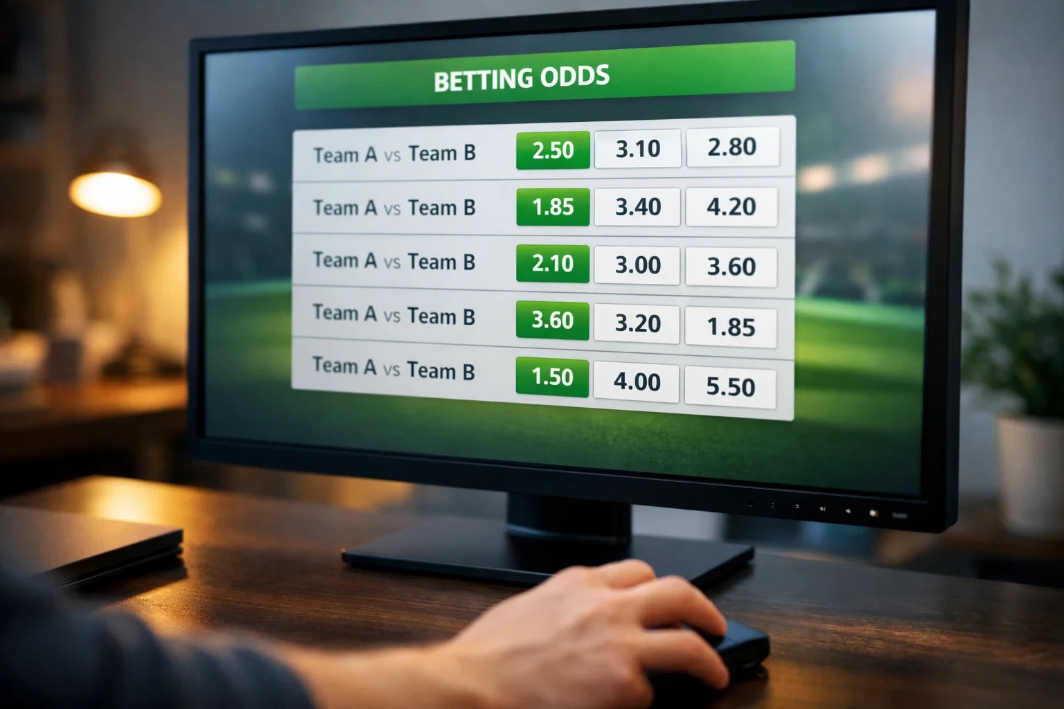 Scherm met voetbalwedstrijd odds en quoteringen