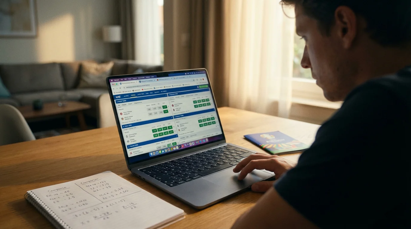 Persoon vergelijkt quoteringen van verschillende bookmakers op een laptop tijdens het EK voetbal