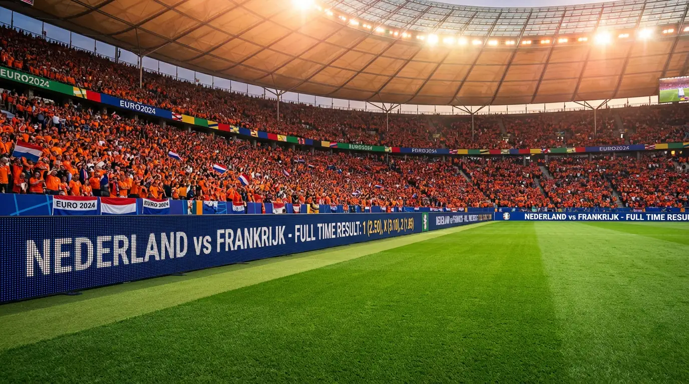 Voetbalstadion met digitaal scorebord waarop quoteringen worden getoond tijdens een EK-wedstrijd