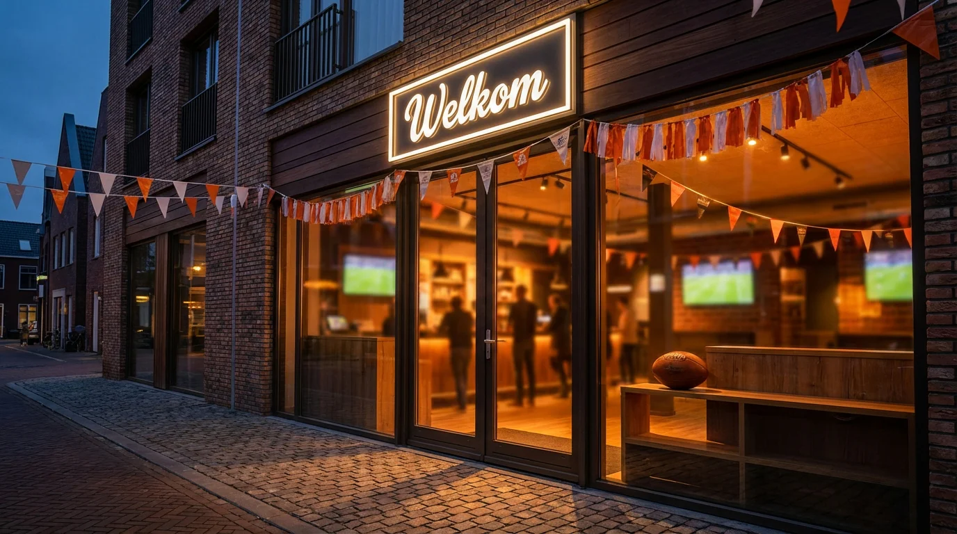 Feestelijk verlichte ingang van een sportweddenwinkel met een welkomstbord en oranje decoratie