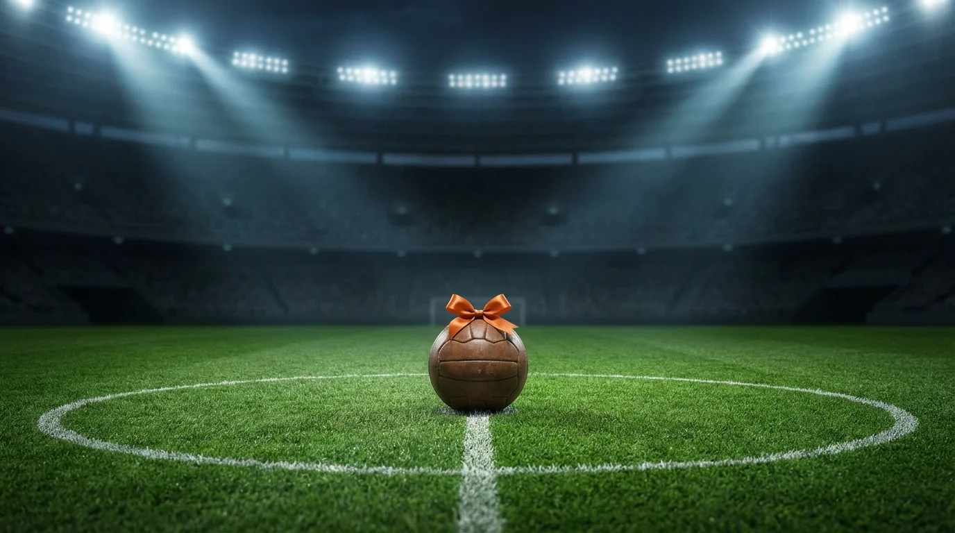 Voetbal op het middenveld van een verlicht stadion met een klein cadeaulint eromheen