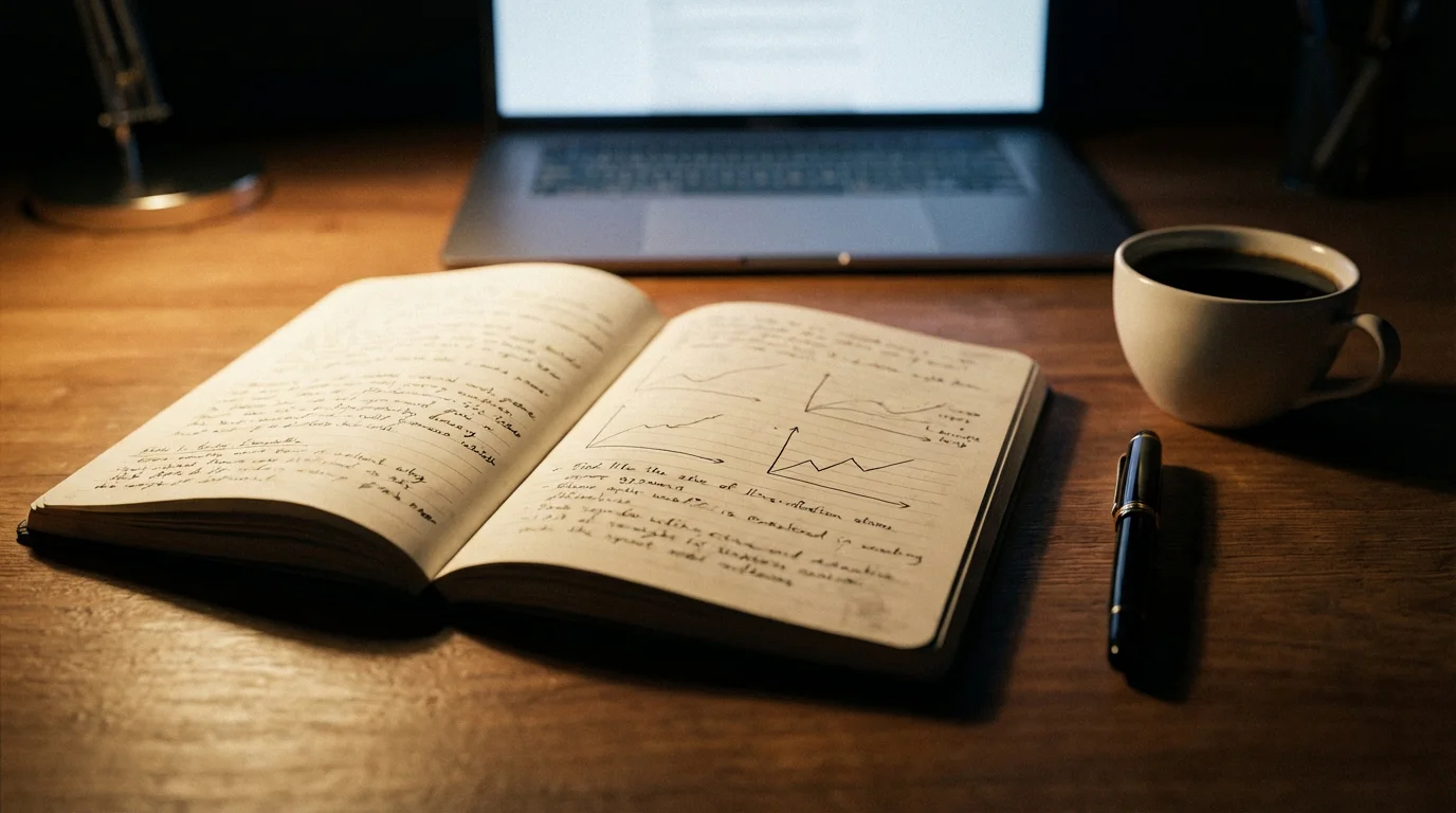 Serieuze analist die achter een bureau met notitieboeken en grafieken een wedstrijdanalyse maakt