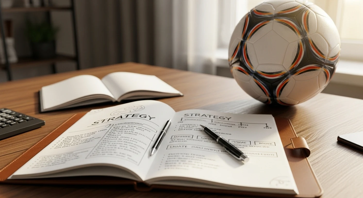 Notitieboek met wedstrategie en voetbal op bureau