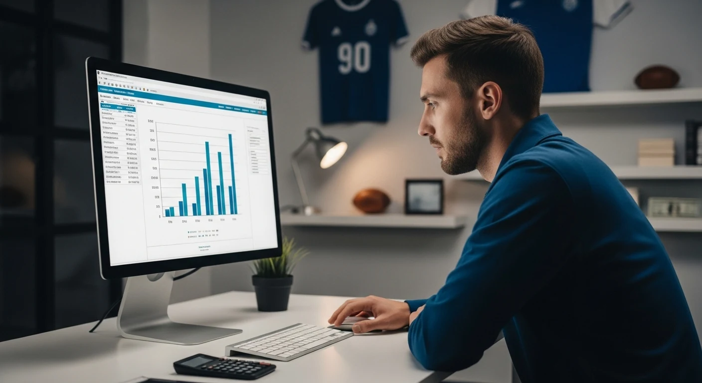 Voetbalanalist bestudeert wedstrijdstatistieken op monitor