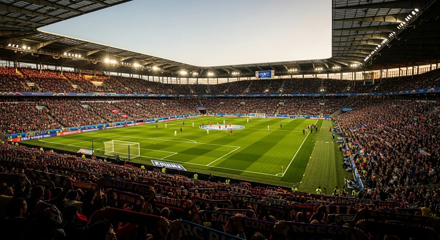 Voetbalstadion vol supporters tijdens EK wedstrijd