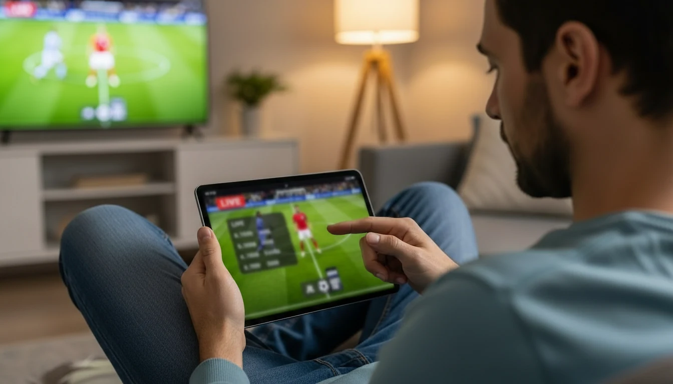 Man volgt voetbalwedstrijd op tablet met live statistieken