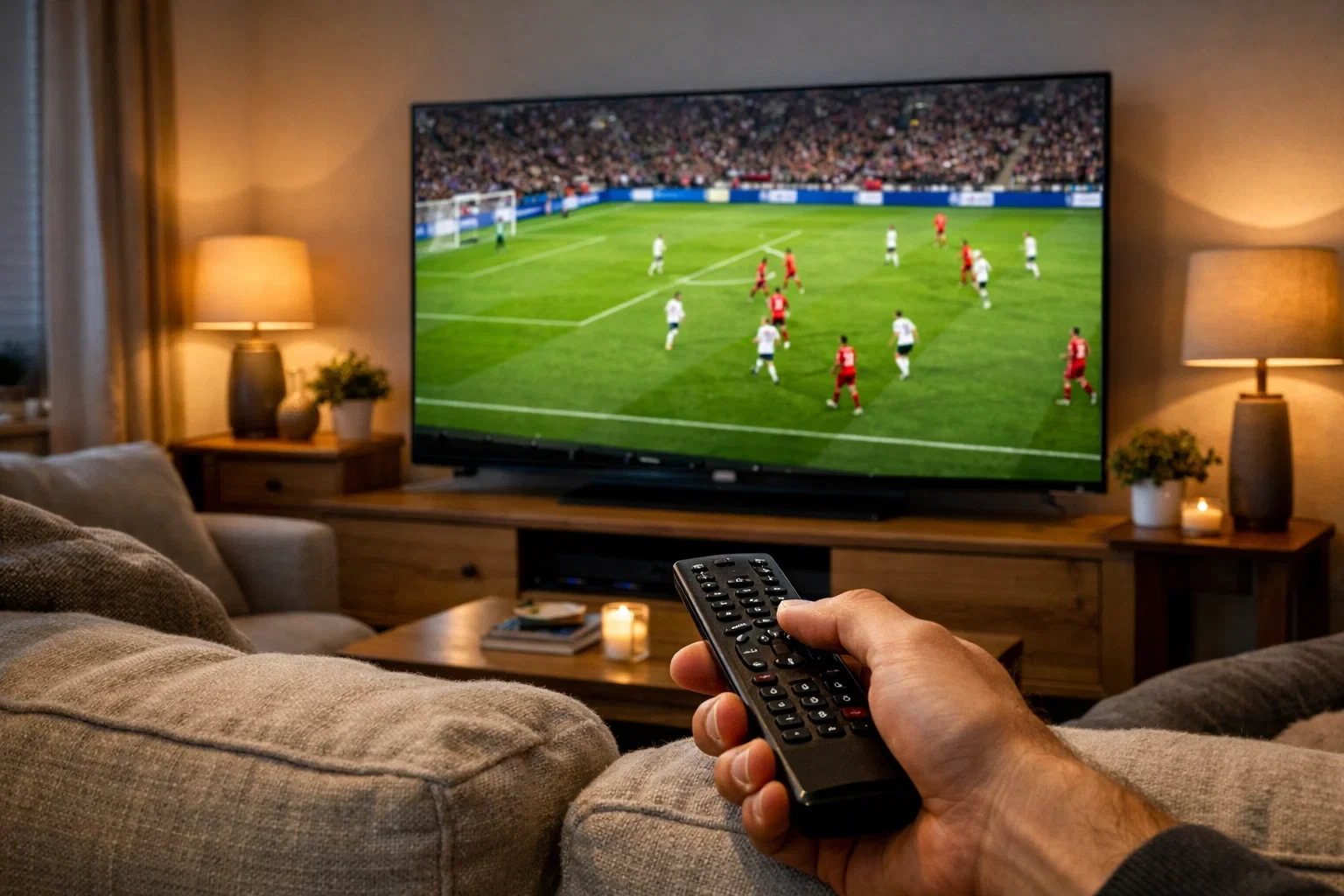 Woonkamer met groot scherm waarop voetbalwedstrijd wordt gestreamd
