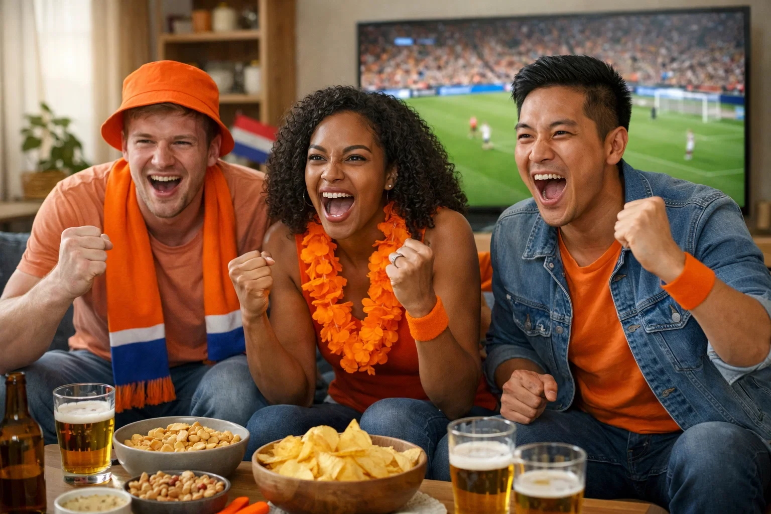 Groep vrienden kijkt samen naar EK voetbal op televisie
