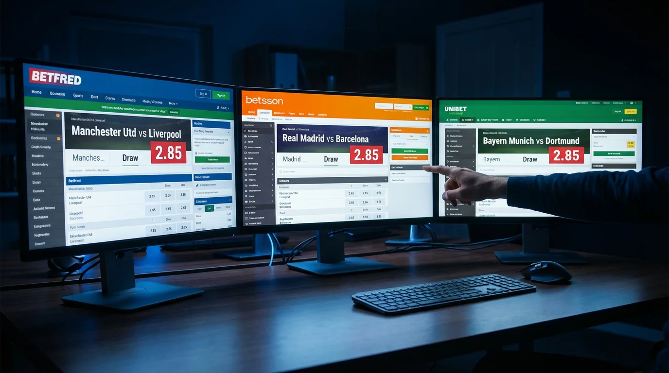 Meerdere beeldschermen met identieke quoteringen op verschillende bookmaker-websites