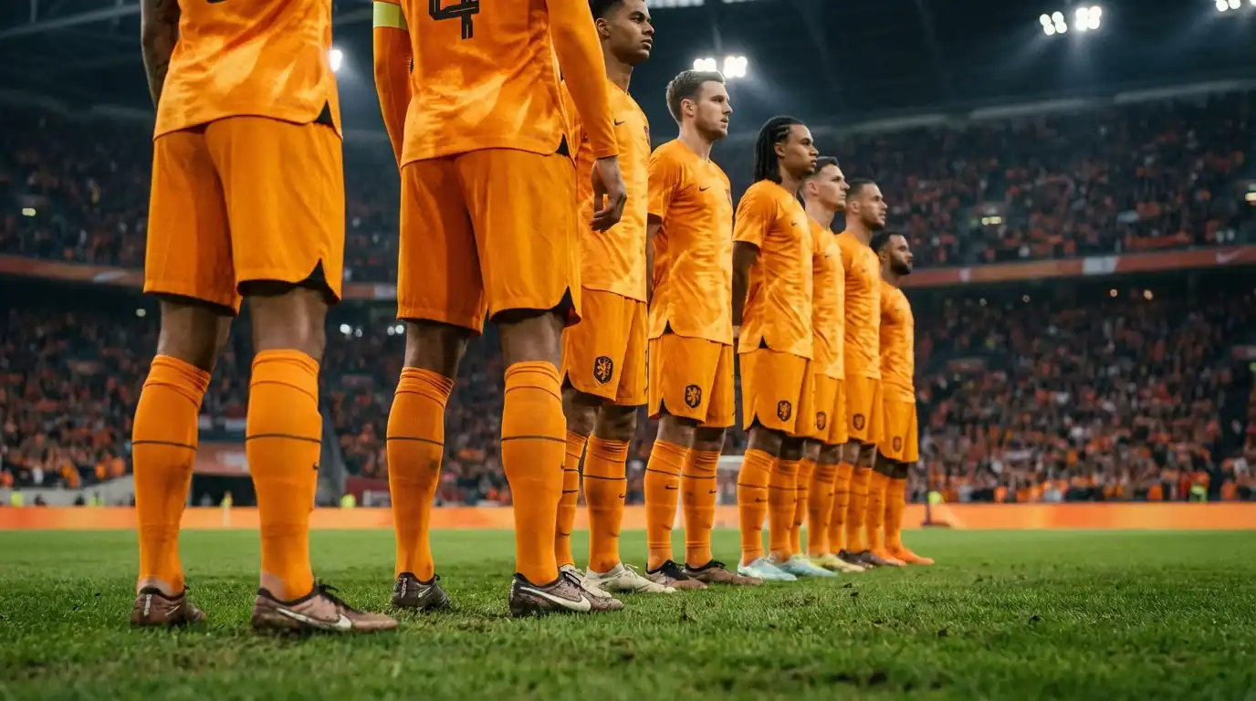 Het Nederlands elftal in oranje tenues op een groen voetbalveld klaar voor de aftrap van een EK-wedstrijd