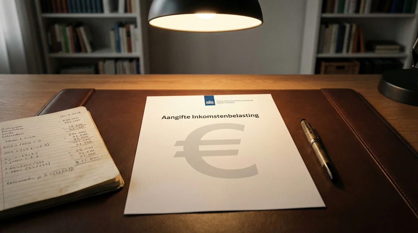 Document met belastingberekening naast een €-symbool en een pen op een bureau