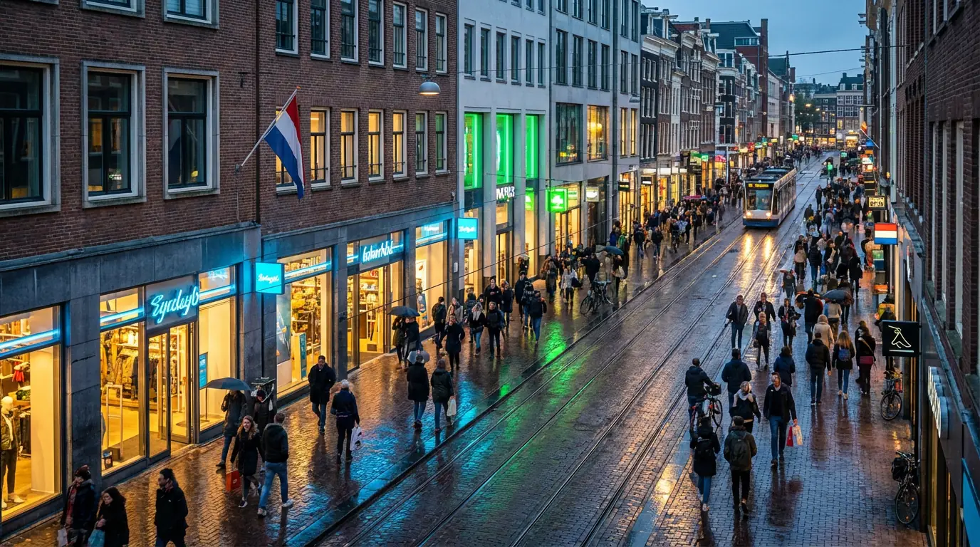 Luchtfoto van een drukke Nederlandse winkelstraat met moderne neonborden en voetgangerszone