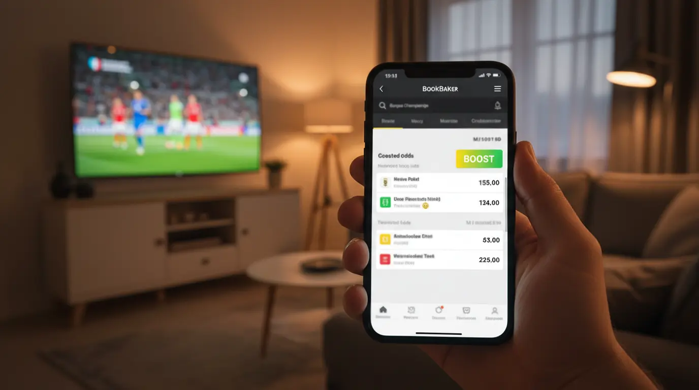 Smartphone met een bookmaker-app die een verhoogde quotering toont voor een EK-wedstrijd