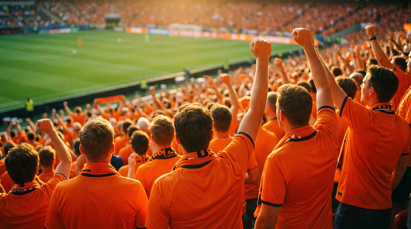 Fans in oranje shirts juichen in een stadion tijdens een wedstrijd van het Nederlands elftal