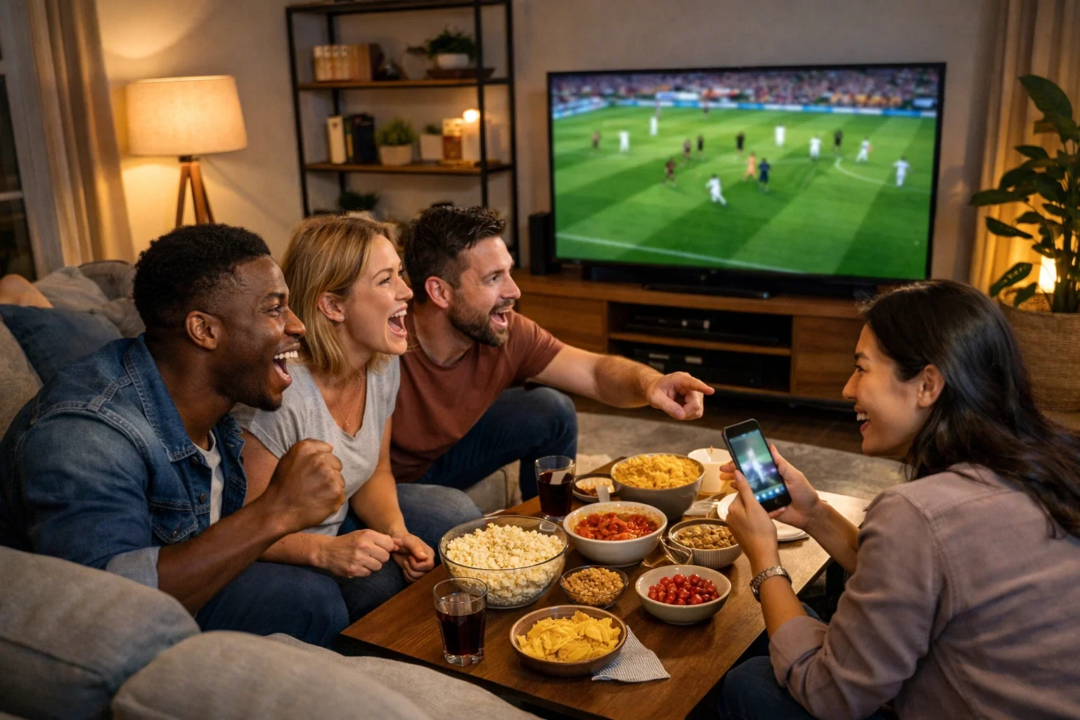 Groep vrienden kijkt samen naar een voetbalwedstrijd op TV