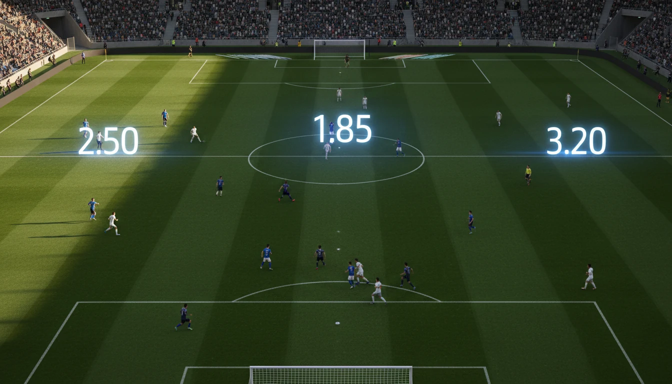 Voetbalveld met spelers en digitale odds weergave op voorgrond