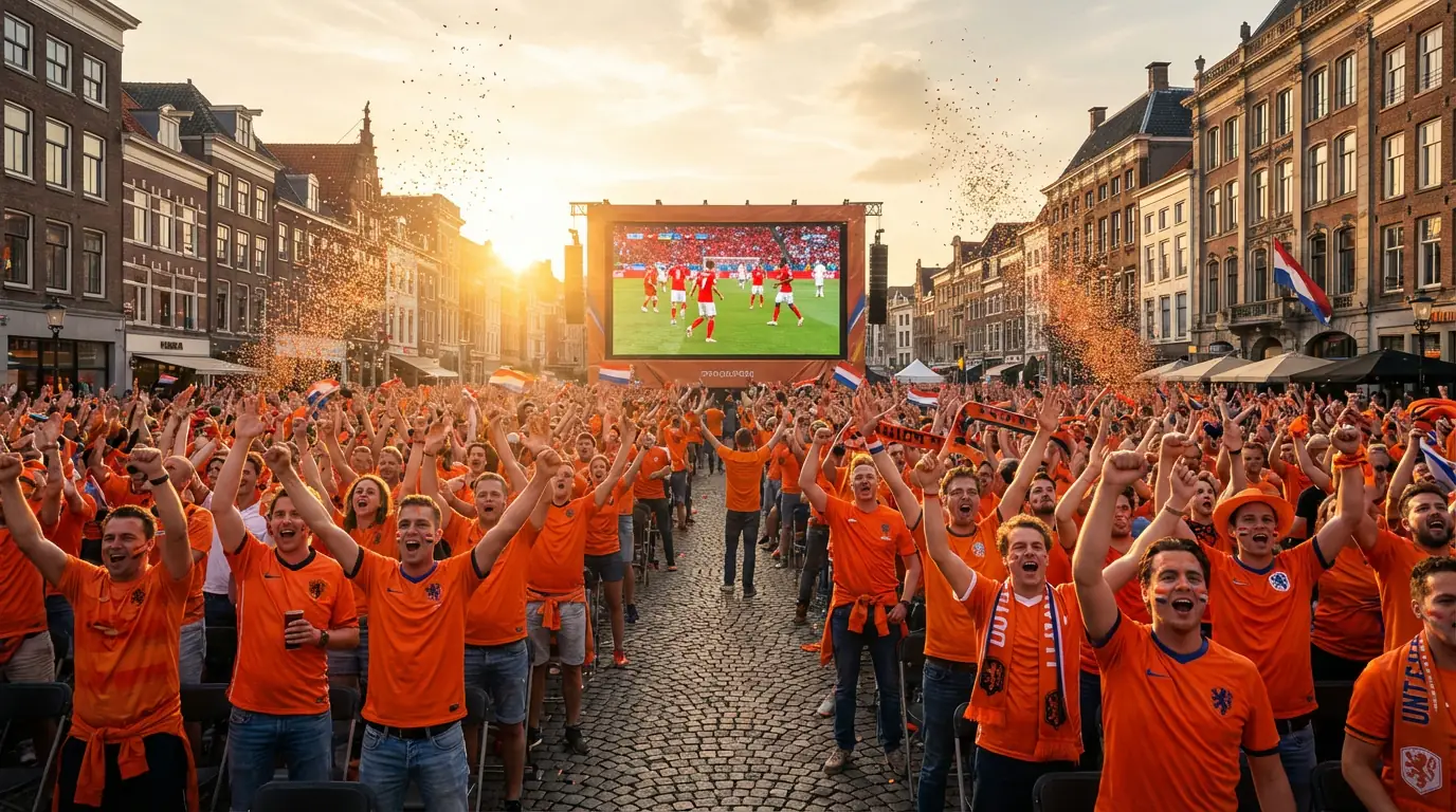Oranjefans met sjaals en shirts juichen op een plein tijdens een EK-wedstrijd van het Nederlands elftal