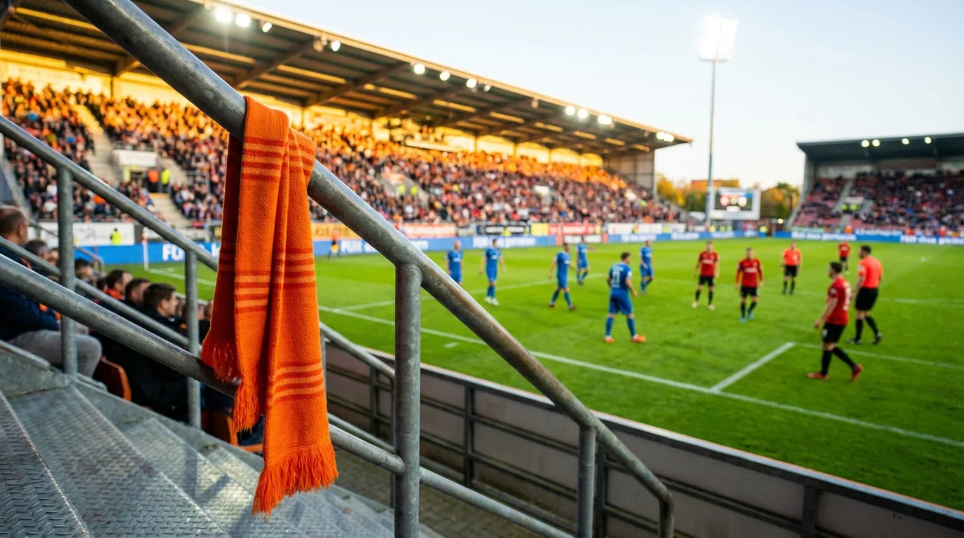 Voetbalwedstrijd op een groen veld gezien vanuit de tribune met fel stadionlicht en een oranje sjaal op de voorgrond