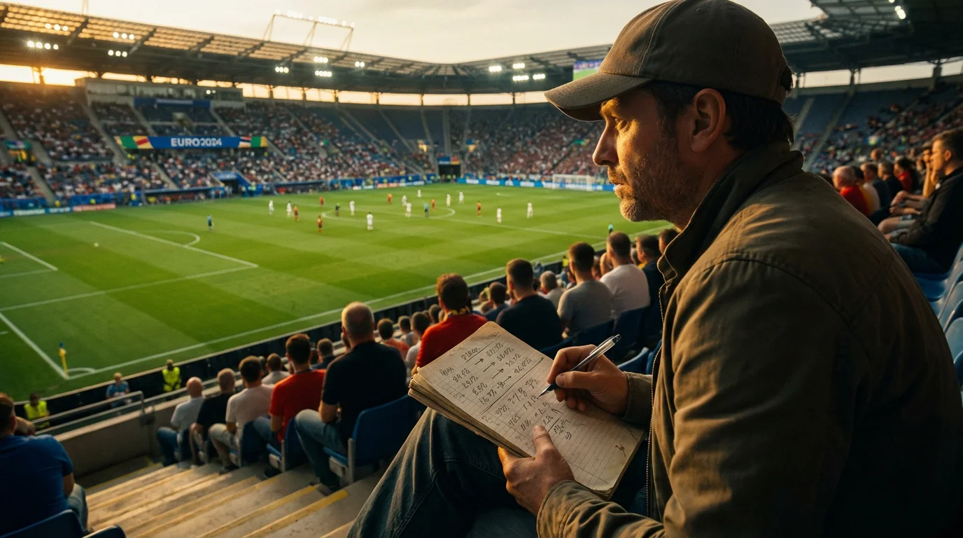 Voetbalveld vanuit de tribune met een wedder die aantekeningen maakt over wedstrijdkansen