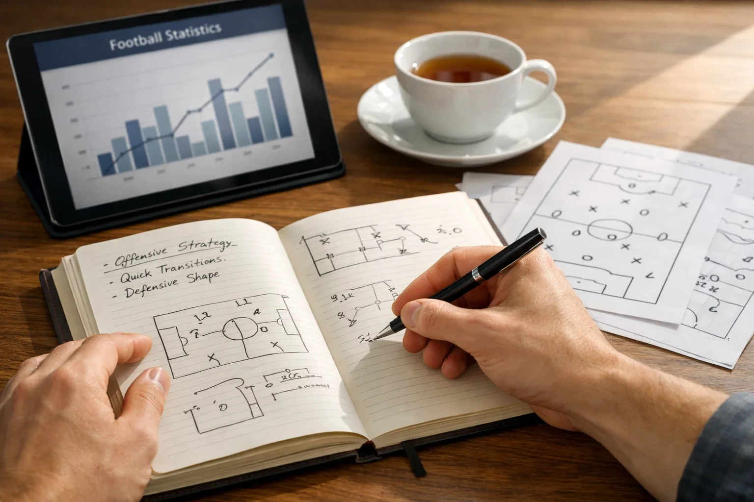 Persoon maakt aantekeningen tijdens het analyseren van voetbalstatistieken